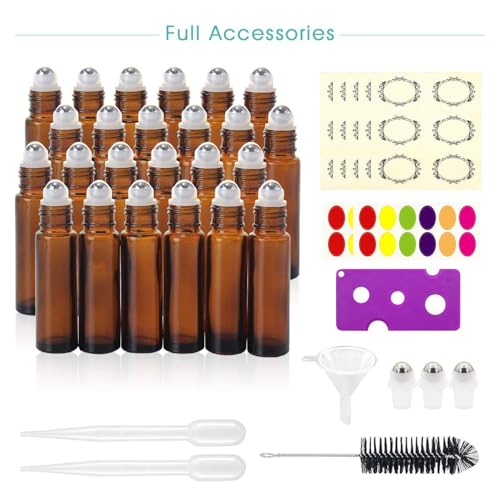 Mavogel 24 Pack 10ml Amber Glass Roller Bottles Essential Oils
