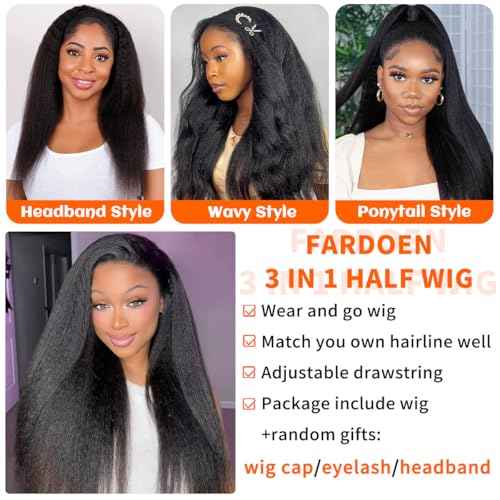 Kinky Straight Half Wig Human Hair 250 Density Yaki Straight Half Wig Headband Wig Human Hair Glueless Wigs Wear And Go Drawstring Seamless Flip Beginner Friendly Wigs for Black Women 20 Inch