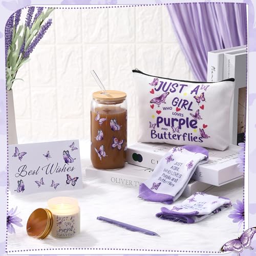 Purple Butterfly Gifts Set of 6 Butterfly Makeup Bag Scented Candle Glass Cup with Lids and Straws Sock Greeting Card Pen for Women Lady Wife Girlfriend Mothers Day Birthday