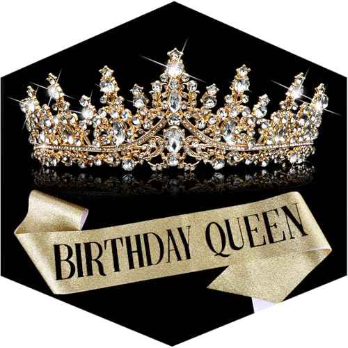 TOBATOBA Birthday Queen Sash and Crown for Women - Gold Rhinestone Tiara and Sash Set for Birthday Decorations Outfits for Women