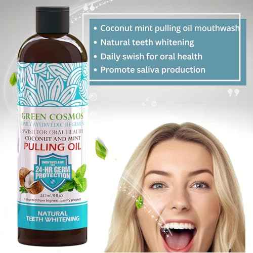 Coconut Mint Pulling Oil Mouthwash, 237ml Natural Teeth Whitening, Ayurvedic Daily Swish for Oral Health Alcohol & Fluoride Free, Healthy Gums, Fresh Breath, Solution for Bad Breath (One Pack)