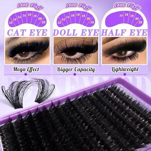 Thick Lash Clusters 180D Mega Volume Lash Extension 12-22mm Long Cluster Eyelashes Volume Individual Lashes D-Curly Faux Mink Eyelash Extension DIY Lash Extension for Beginners by FOINEMYED