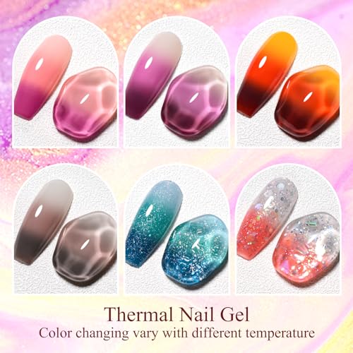 MEET ACROSS Color Changing Gel Nail Polish Set, 6 PCS Glitter Mood Temperature Change Gel Polish, Thermal Nail Gel Soak Off Long Lasting Manicure Color Changed Kit