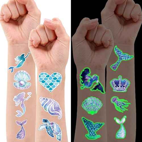 96PCS Mermaid Pre-Cut Temporary Tattoos for Kids - Cute Under the Sea Party Favors, Perfect for Ocean Mermaid-Themed Birthdays, School Rewards, and Baby Showers (Glow in the Dark)
