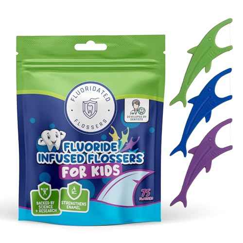 Kids Flossers with Fluoride, Unflavored Floss Picks, Fun Floss with Colorful Shark Shapes. Enhanced Cavity Protection, 225 Count (3 Pack) Children's Flossers. Dentists Designed and Backed by Science