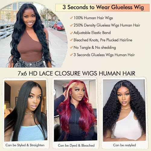 250% Density Glueless Wigs Human Hair Pre Plucked Pre Cut 7x6 HD Lace Closure Wigs Human Hair Body Wave Lace Front Wigs Human Hair for Women Drawstring Glueless Wigs for Beginners 22 Inch