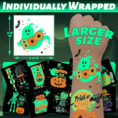 Winthrop 100 Pcs Glow in The Dark Halloween Temporary Tattoos for Kids, Individually Wrapped Waterproof Large Luminous Tattoos, 25 Cute Designs, Trick-or-Treat Party Favors, Candy Bag Alternatives
