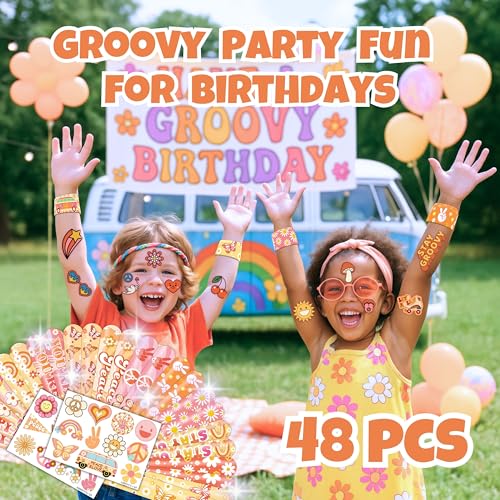 Groovy Party Favors Set - 48pc Temporary Tattoos & Slap Bracelets