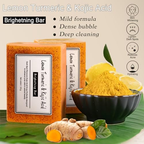 2PCS Lemon Turmeric Kojic Soap,Turmeric Soap Bar,Natural Gentle Cleanser for Face and Body,Natural Handmade So ap for Men, Women
