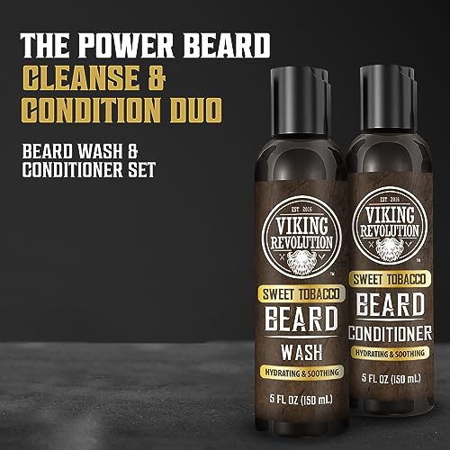 Viking Revolution Beard Wash and Beard Conditioner for Men with Argan Oil and Jojoba Oil - Beard Softener and Strengthener Beard Care Beard Shampoo and Conditioner with Beard Oil (5oz, Sweet Tobacco)