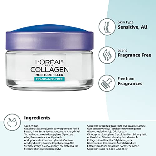 L'Oreal Paris Collagen Daily Face Moisturizer, Reduce Wrinkles, Face Cream, Fragrance Free 1.7 oz