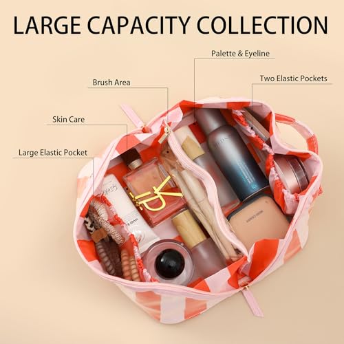 DYSHAYEN Stripe Travel Makeup Bag with Compartments Clear Coated Cosmetic Bag for Women, Waterproof Portable Open Flat Toiletry bag £¨Pink-Orange£©