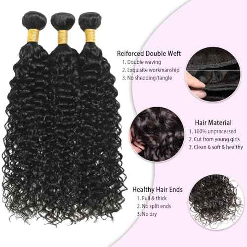 Water Wave Bundles Human Hair (10 12 14 Inch) 100% Unprocessed Brazilian Virgin Human Hair Curly Bundle For Black Women Wet and Wavy Double Weft 3 Bundles Natural Black