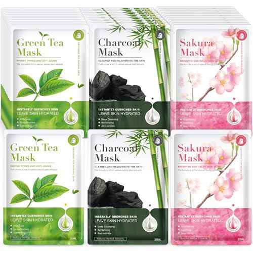 36 Pack Centella Asiatica Face Mask Set ? Hydrating Face Masks with Green Tea, Sakura & Charcoal | Moisturizing Facial Masks for Women | Sensitive & All Skin Types