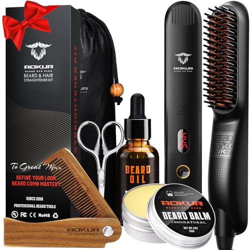 Beard Straightener for Men ? 5-Temp Heated Brush with Anti-Scald Tech ? Grooming Kit with Sandalwood Comb, Balm, Oil & Scissors ? Gifts for Father¡¯s Day, Anniversary & Birthdays