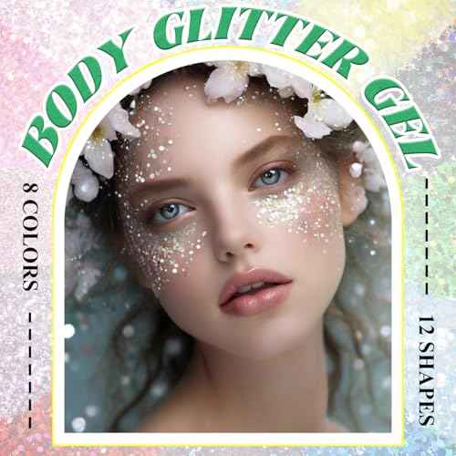 Body Glitter Face Glitter, Hair Glitter for Kids, 12 Shapes Fine Chunky Glitter Gel for Women Girls Makeup Sparkles Party Mermaid Sequins Rave Accessories Singer Concerts Festival (White Scheme)