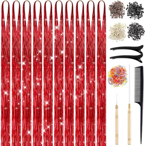 CHENZI Red 48 Inch Hair Tinsel Extensions Fairy Hair Kit for Vibrant Hairstyles