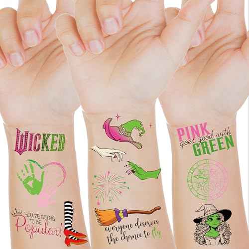 Wicth Birthday Party Decorationas favors,50 Style Wicked Temporary Tattoos for Kids,Pink and Green Party Decorations Supplies.
