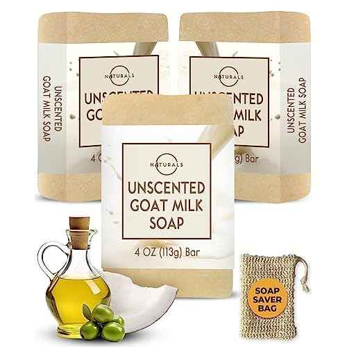 O Naturals 3-Pcs Goat Milk Soap with Soap Saver Bag - Unscented, Triple-Milled, Nourishing, for Sensitive Skin