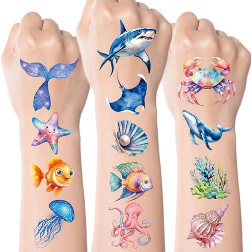 96 Ocean Animals Temporary Tattoos for Kids, 10 Sheets Sea Life Stickers