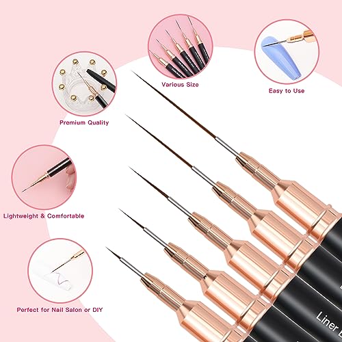 Komall 5-Piece Metallic Nail Art Liner Brush Set for Fine Details (4-25mm)