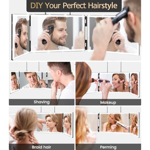 XIGETRAIL 3-Way Mirror with 8 LED Lights | Rechargeable Barber Mirror