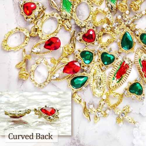 107pcs Virgin Mary Cross Gold Nail Charms Gems,San Judas Nail Charms 3D Alloy Heart Rose Angel Rhinestones for Acrylic Nail Art Religious Nail Stickers Manicure Decoration Supplies (Green, Red, Gold)