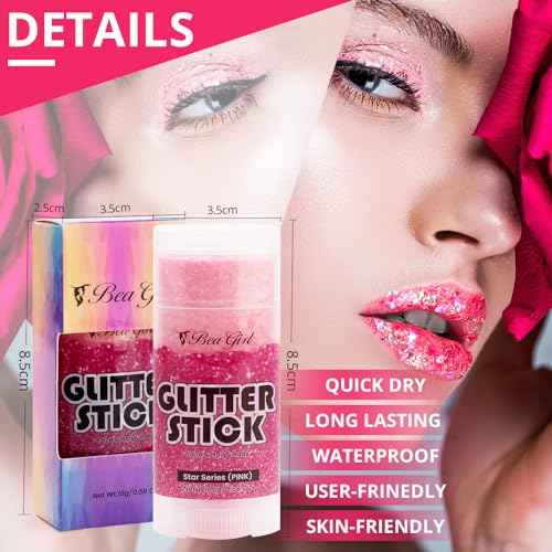 Beagirl Pink Body Glitter Stick for Women Kids,Body Shimmer Glitter Gel for Festival Art Party Halloween,Long Lasting Professional Cosmetic Glitter for Hair, Face, Clavicle, Arm, Nail, Eyeshadow