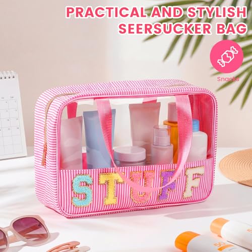 Sanwuta Clear Seersucker Cosmetic Bag Pink Portable Makeup Organizer