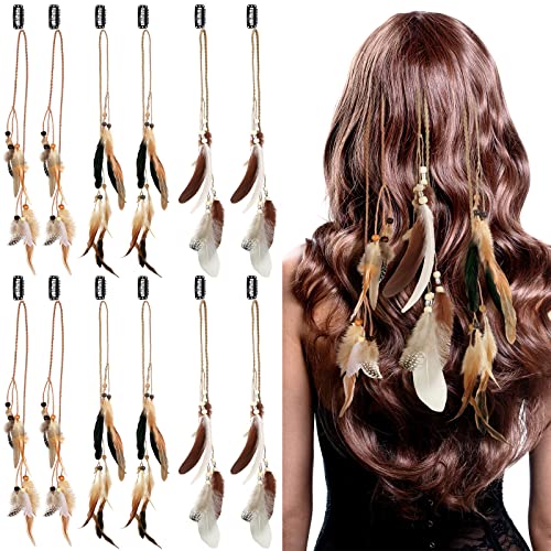 12 Pcs Feather Hair Clips with Comb - Boho Braided Beads