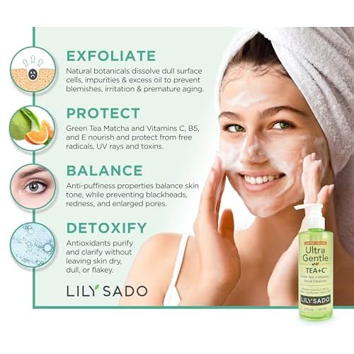 LILY SADO TEA+C¢â Green Tea & Vitamin C Face Cleanser ? Natural Vegan Antioxidant Daily Face Wash with Aloe, Rosehip, Meadowfoam - Gentle Deep Cleansing for Acne, Blackheads, Blemishes. 8 oz