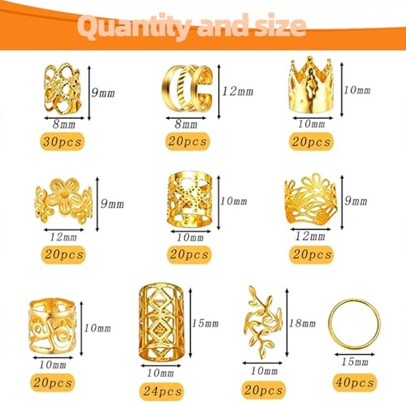 230 Pcs Gold Hair Cuffs & Rings for Braids and Dreadlocks