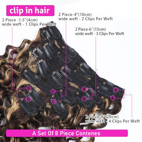 Curly Clip in Hair Extensions Real Human Hair 18inch 120g Invisible & Seamless 100% Brazilian Remy Human Extension Deep Wave Clip ins Extensions Double Weft 8 PCS with 20 Clips Highlight P427