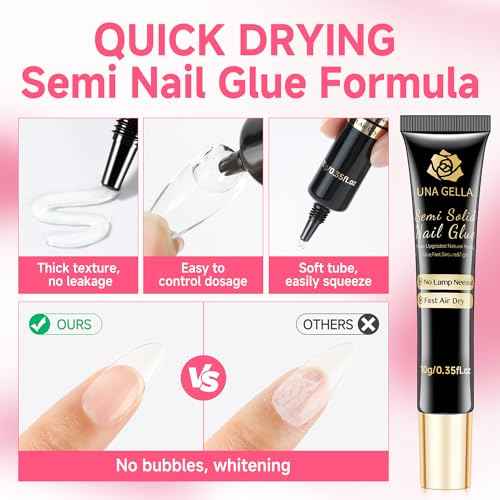 UNA GELLA No Lamp Need Solid Nail Glue for Press Ons: Nails Acrylic Nails Super Strong Semi Nail Glue Gel Fast Curing 10ml*2pcs Long Lasting Gel Glue Kit