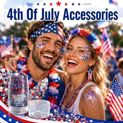 4th of July Red White Blue Glitter Stick, Patriotic Face & Body