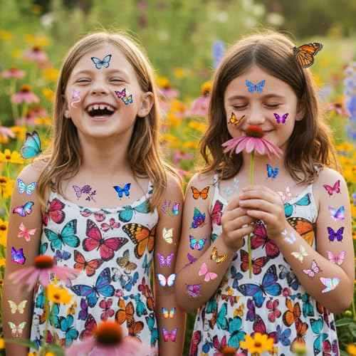 Glitter Butterfly Temporary Tattoos | Butterfly Themed Birthday Party Decorations Party Favors Supplies Accessories Stickers Gift Idea For Kids Boy Girl Teen Adult 60Pcs 4 Sheets Pre-cut