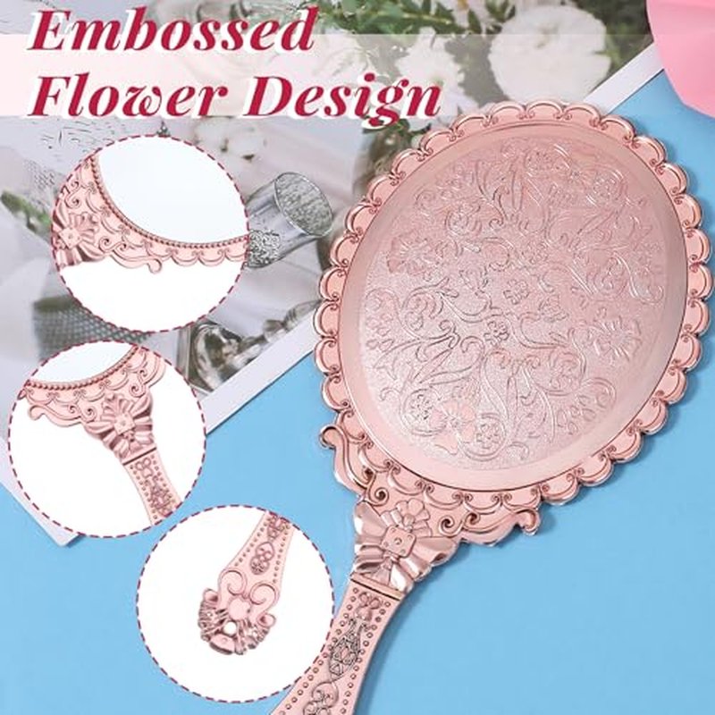 12 Pcs Vintage Handheld Mirror 9.6" L x 4.5" W Portable Pink Embossed Flower Mirrors Princess Mirror Party Favors Retro Hand Held Decorative Mirrors Bulk for Makeup, Travel, Party, Classroom
