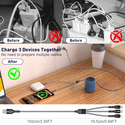3-in-1 Braided Multi Charging Cable, 4Ft 2-Pack