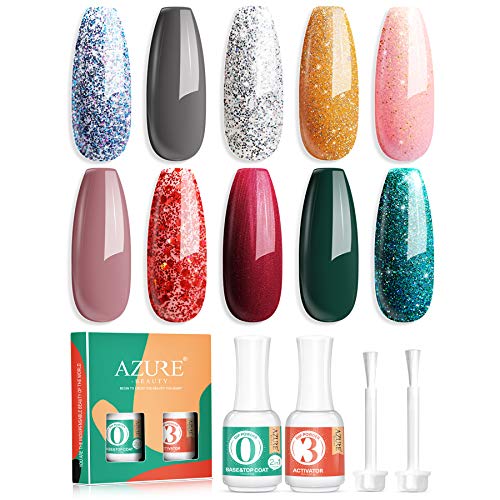 AZUREBEAUTY 10 Colors Dip Powder Nail Starter Kit Green Glitter Dipping Powder Christmas Colors System Essential Kit with Base Top Activator Coat