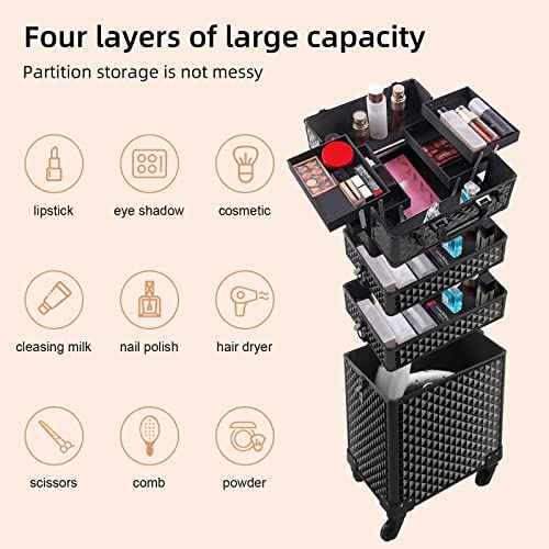 Rolling Makeup Case 4 in 1,Professional Makeup Train Case organizers,Large Storage Cosmetic case Trolley,Makeup Travel Case for Salon Barber Bright Black