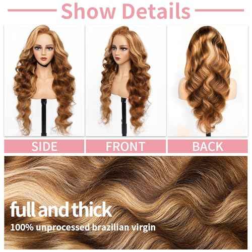 Glueless Honey Blonde Wig Human Hair 28 Inch 13X6 HD Ombre Lace Front Wig Human Hair Highlight Lace Front Wig Human Hair Pre Plucked Pre Cut Wear And Go Wigs Not Fall Out No Knots