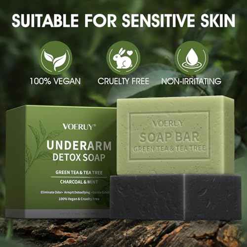 Underarm Detox Soap, 2 Pcs Armpit Detox Soap with Green Tea & Tea Tree, Charcoal & Mint for Eliminating Odor, Exfoliating, Moisturizing , Bar Soap for Legs, Knee, Feet, Hands Whole Body - 10 oz£¨280g£©