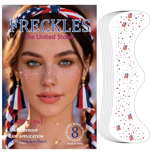 8Pcs USA Flag Glitter Freckle Stickers - Waterproof Temporary Tattoos