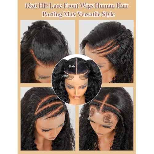 30 Inch 13x6 Deep Wave Lace Front Wigs Human Hair 200 Density Hd Transparent Lace Frontal Wigs Human Hair Pre Plucked with Baby Hair Glueless Deep Curly Wig for Women Natural Color