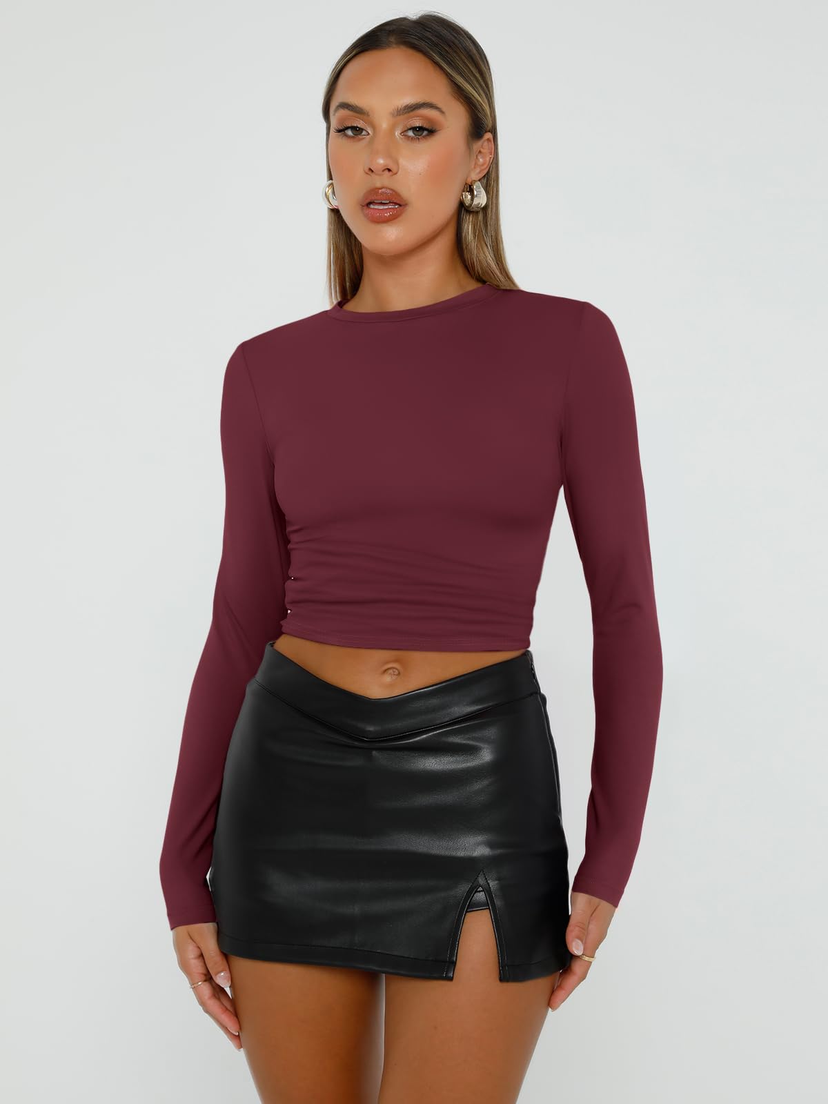 Trendy Queen Womens Long Sleeve Shirts Basic Spring Crop Tops Tees Tight Slim Fit Cute Going Out Outfits Teen Girls Fall Winter Y2k Clothes 2024 Wine Red XS