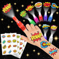 72 PCS Hero Party Favors - 48 PCS Tattoos & 24 PCS LED Finger Lights Combo - Birthday Goodie Bag Fillers, Light Up Toys for Boys and Girls, Party Supplies for Kids