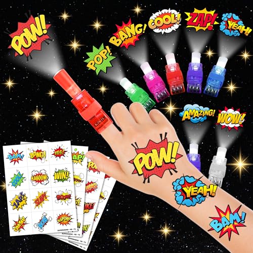 72 PCS Hero Party Favors - 48 PCS Tattoos & 24 PCS LED Finger Lights Combo - Birthday Goodie Bag Fillers, Light Up Toys for Boys and Girls, Party Supplies for Kids