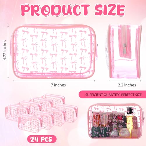 Kacctyen 24 Pcs Pink Bow Cosmetic Bag Coquette Preppy PVC Makeup Bag Bulk Zippered Travel Toiletry Pouch Gift for Women Birthday Party Favor Organizer