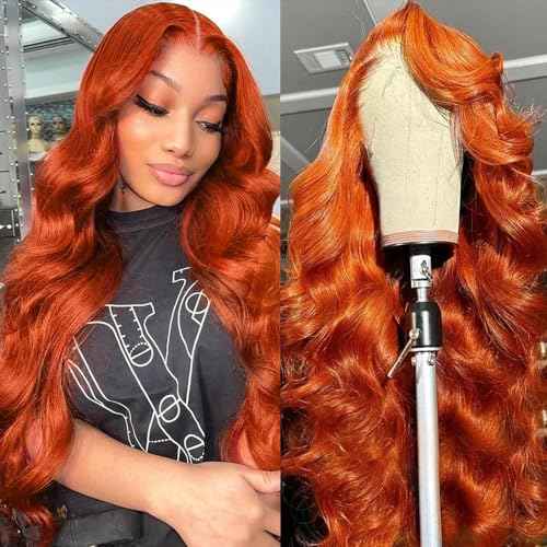 Ginger Orange 30 Inch Lace Front Wigs Human Hair Body Wave Wavy 13x6 HD Lace Front Glueless Ginger Wig Human Hair 180% Density Transparent HD Lace Frontal Wigs Pre Plucked Hairline
