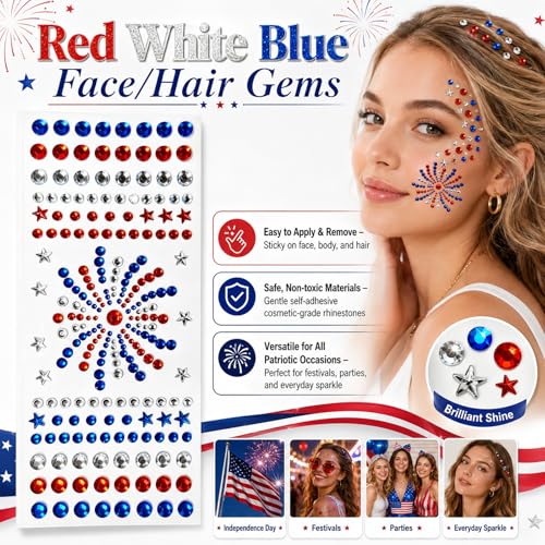 4th of July Face Gems - Patriotic Star Rhinestone Stickers